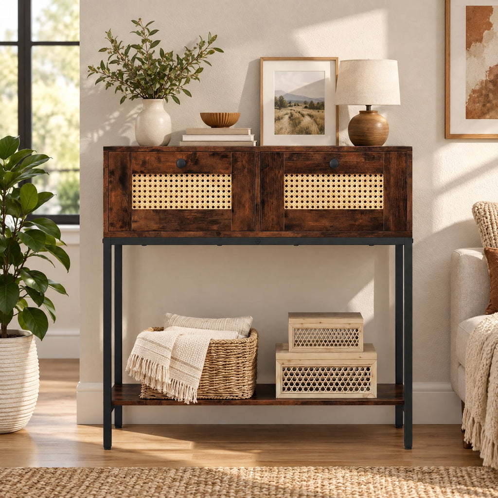 Airfind Rattan Console Table Boho Entryway Table with 2 Rattan Drawers and Open Storage Shelf, 88 lbs Capacity, Brown