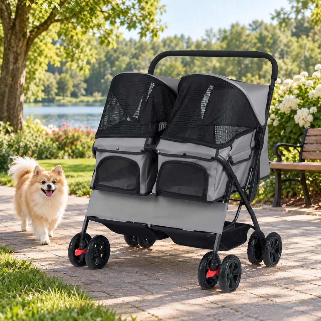 Airfind Foldable Double Pet Stroller with Adjustable Sunshade and Storage Basket, Aluminium Alloy Oxford Fabric PP EVA Frame, Gray