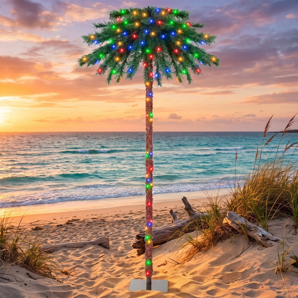 Airfind 6 Feet Pre-Lit Artificial Tropical Christmas Palm Tree with 210 Multi, PVC Metal Frame, 3.2ft x 6ft Footprint, Green