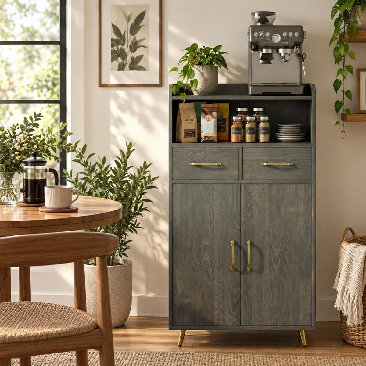 Airfind Bathroom Storage Cabinet Freestanding Floor Cabinet with 2 Drawers and 2 Doors, 44 lbs Capacity, Engineered Wood Metal Frame, Gray