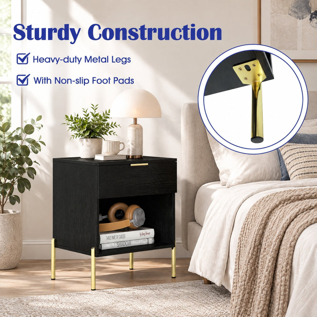 Airfind Modern Nightstand with Charging Station, Engineered Wood Metal MDF Frame, 18in x 16in x 23in Interior Footprint, Black