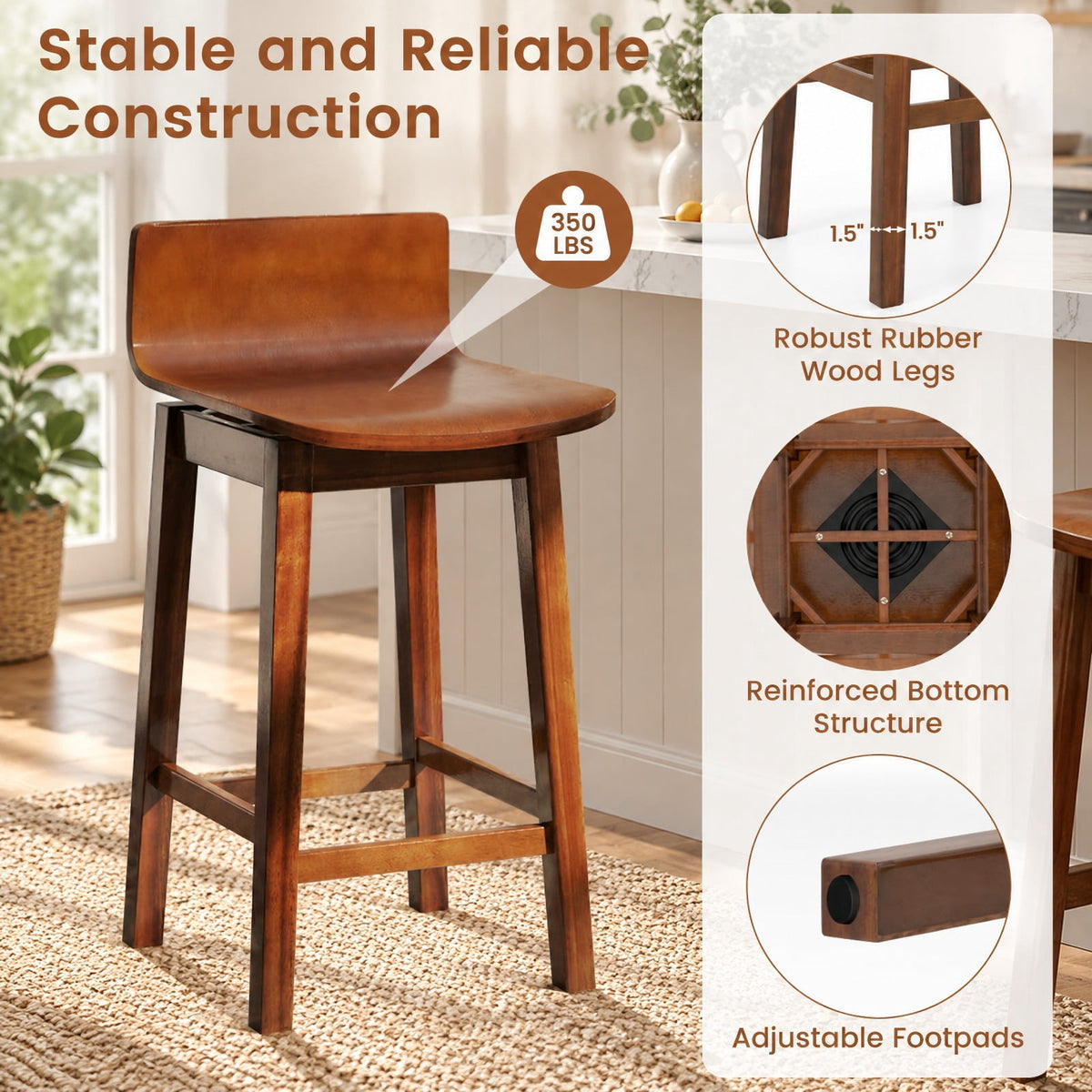 Airfind 24.5 Inch Swivel Wooden, Bar Stools Set of 2 with Rubber Wood Legs and Low Back, 350 lbs Capacity, Rubber Wood Plywood Frame, Walnut