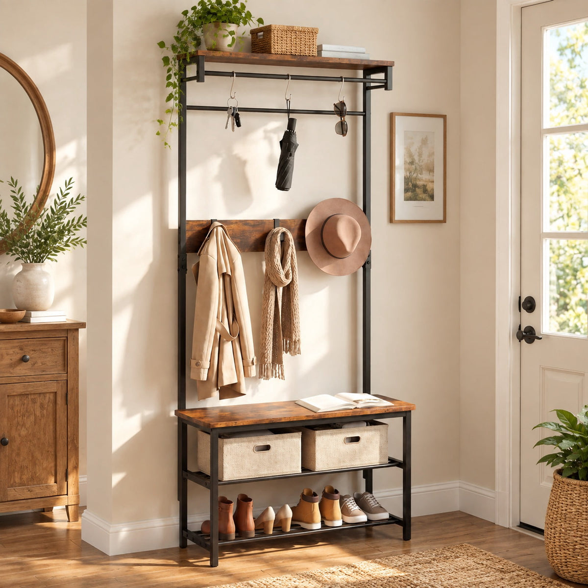 Airfind Coat Rack 4-In-1 Hall Tree with Shoe Bench and Removable Hooks, 220 lbs Capacity, Metal Engineered Wood Frame, Coffee