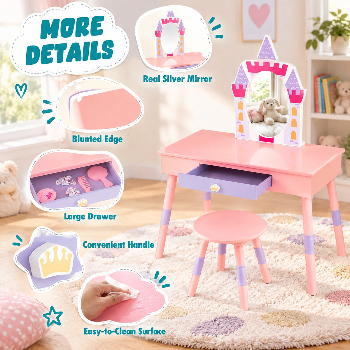 Airfind Kids Princess Vanity Table and Stool Set with Drawer and Mirror, 66 lbs Capacity, MDF Silver Frame, for 3+ Years old, Pink