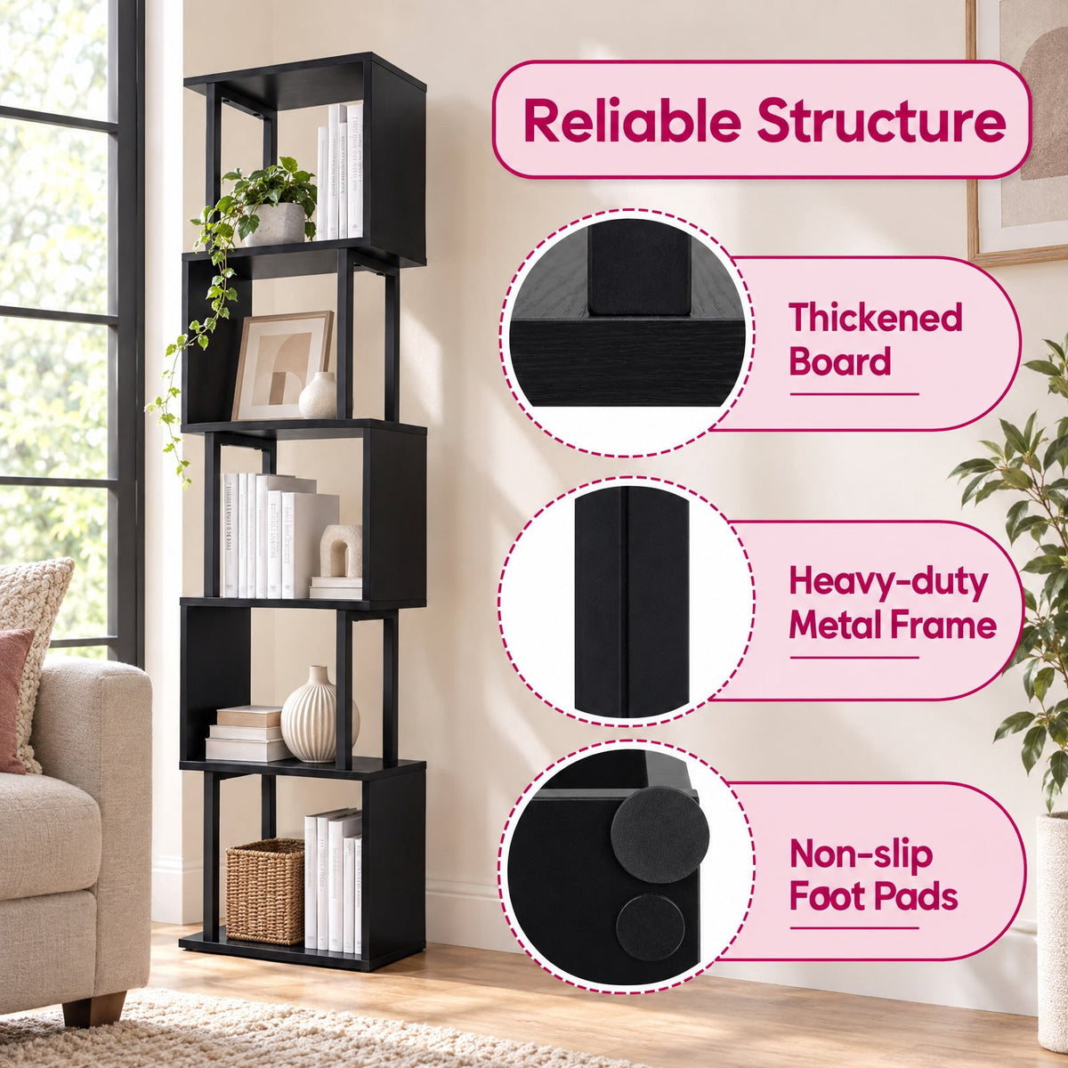Airfind 5-Tier S-Shaped Bookshelf w/ Open Cubes Anti-toppling Kits for Living Room, 22 lbs Capacity, Engineered Wood Frame, Black