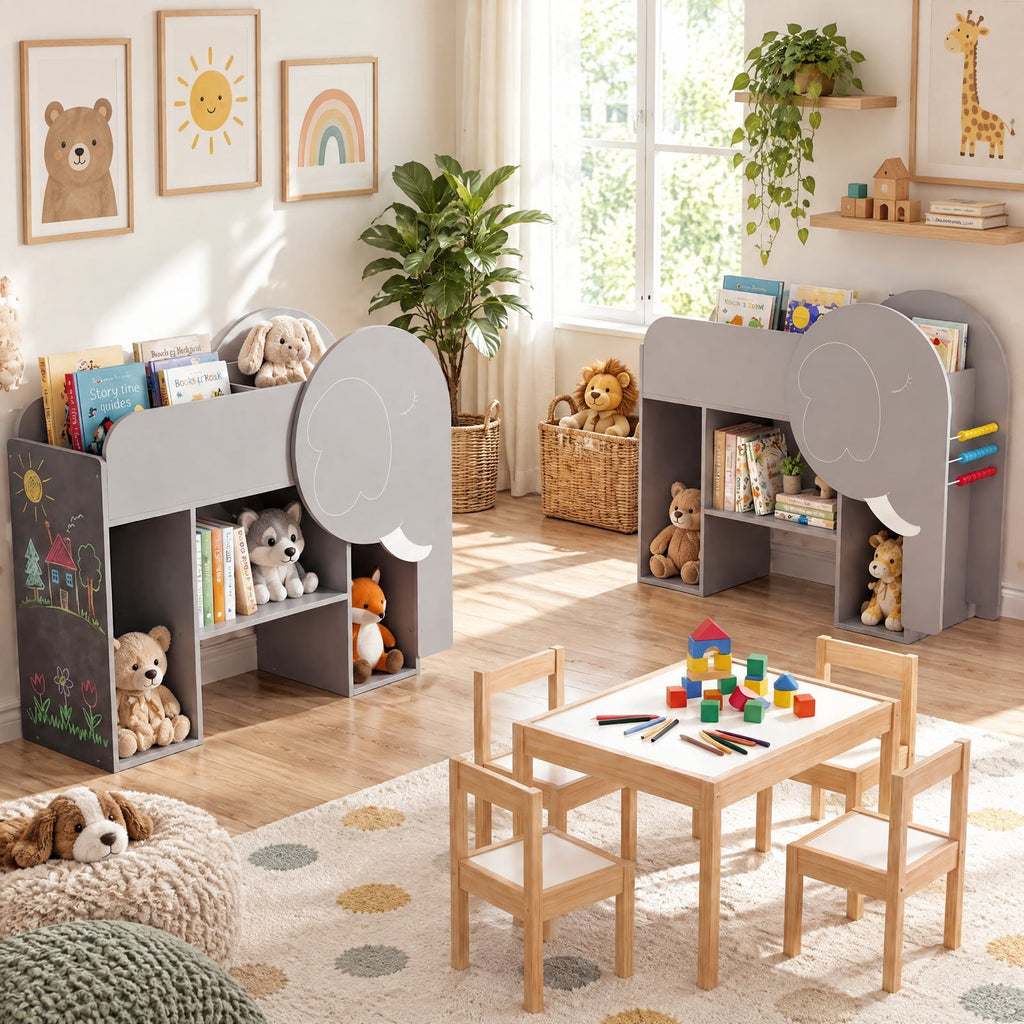 Airfind Montessori Bookshelf with Elephant Shape 3-Tier Toddler Toy Storage Organizer, 22 lbs Capacity, MDF Frame, for 3+ years old, Grey