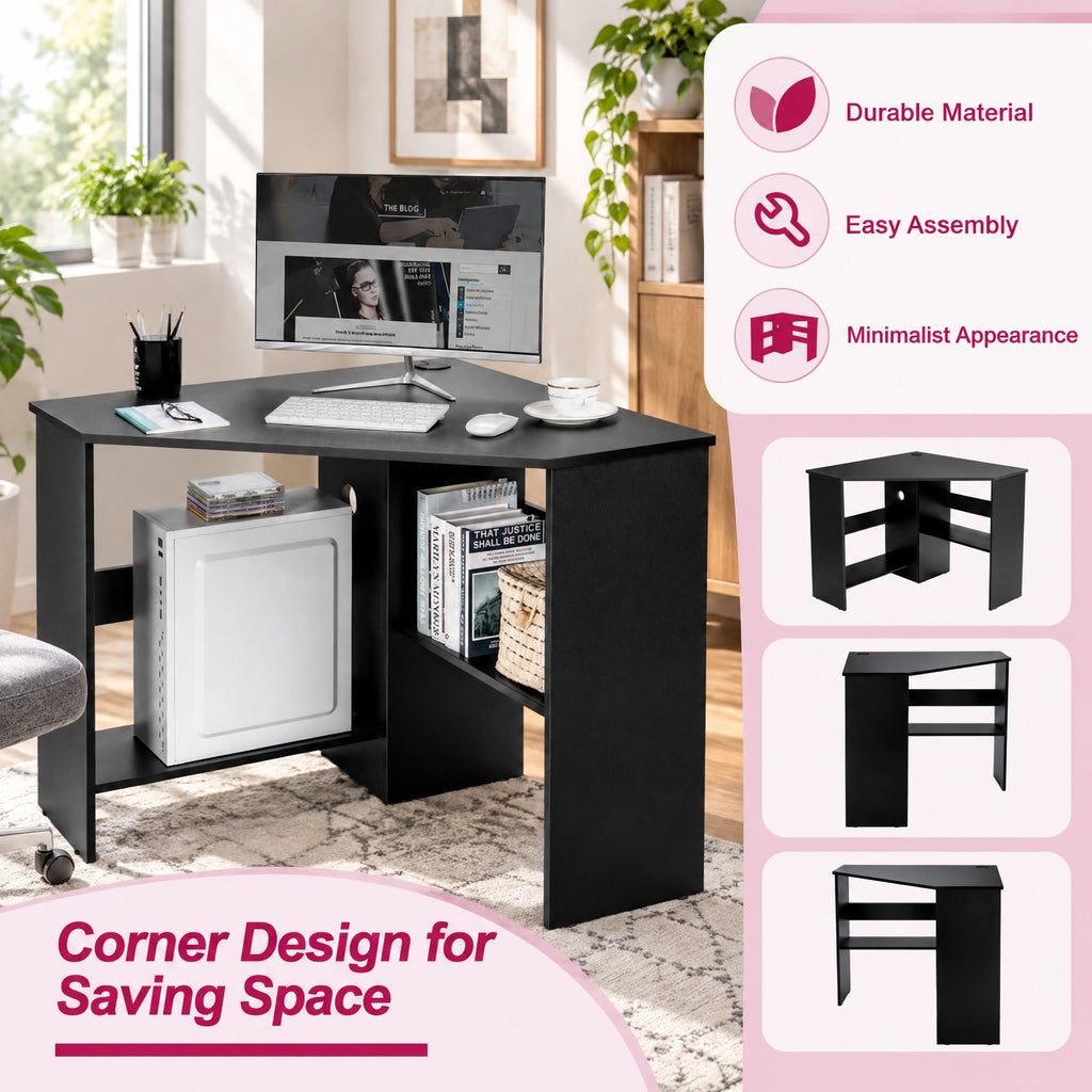 Airfind Corner Computer Desk Triangle Writing Workstation with Storage Shelf, 200 lbs Capacity, E0 engineered wood Frame, Black