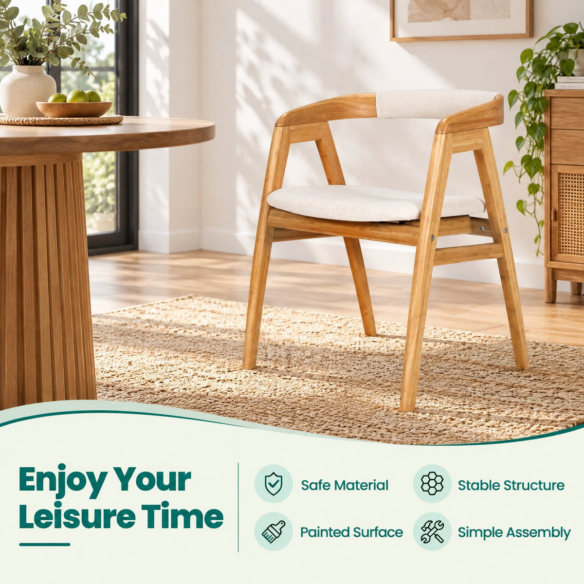 Airfind Leisure Bamboo Dining Chair with Curved Back and Anti-slip Foot Pads, 286 lbs Capacity, Bamboo Frame, 22.5 x 21.5 x29 Footprint, Natural