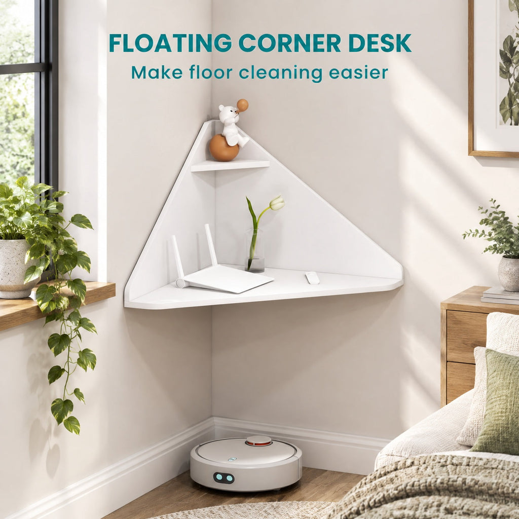 Airfind Floating Triangular Corner Computer Desk with Storage Shelf, Engineered Wood Frame, White, Overall Dimensions 36.5 Inch x 31 Inch x 18 Inch Sid