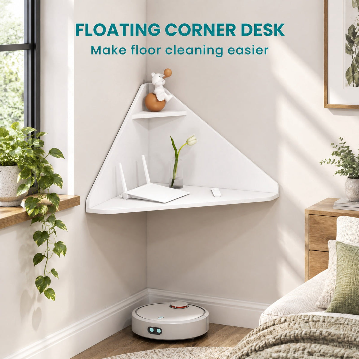Airfind Floating Triangular Corner Computer Desk with Storage Shelf, Engineered Wood Frame, White, Overall Dimensions 36.5 Inch x 31 Inch x 18 Inch Sid