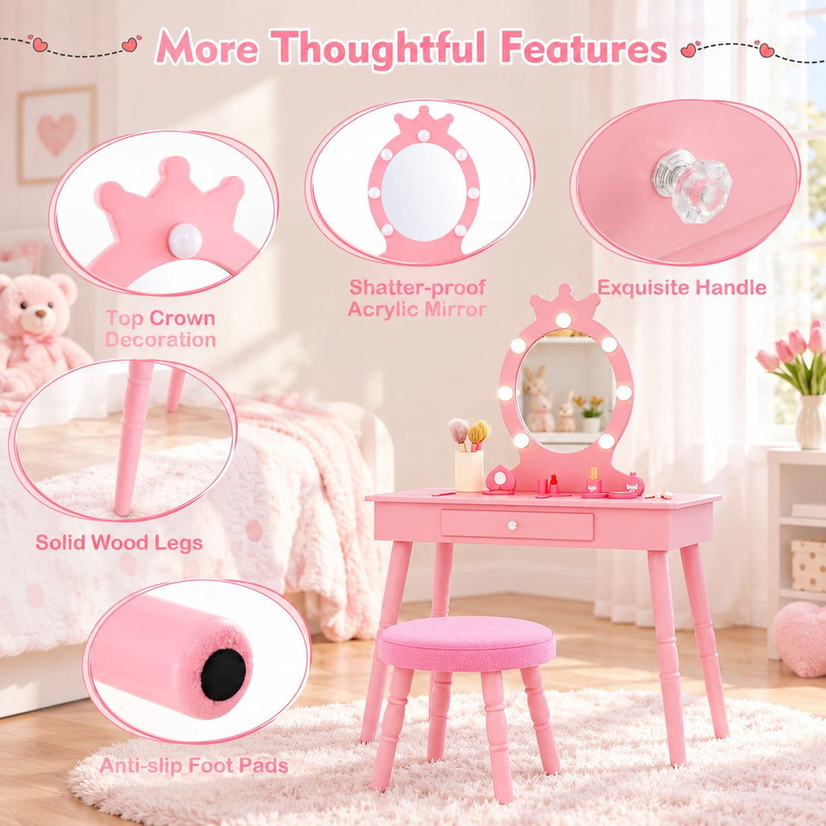 Airfind Kids Vanity Set with Lighted Mirror with Adjustable Brightness and Large Drawer, 110 lbs Capacity, MDF Frame, for 3-7 Years Old, Pink