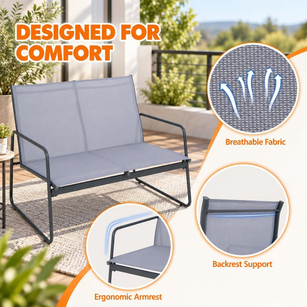 Airfind 4 Pieces of Metal Patio Furniture Chat Set with Tempered Glass Coffee Table, 660 lbs Capacity, Steel fabric Frame, 38 x 19 x 17 Footprint