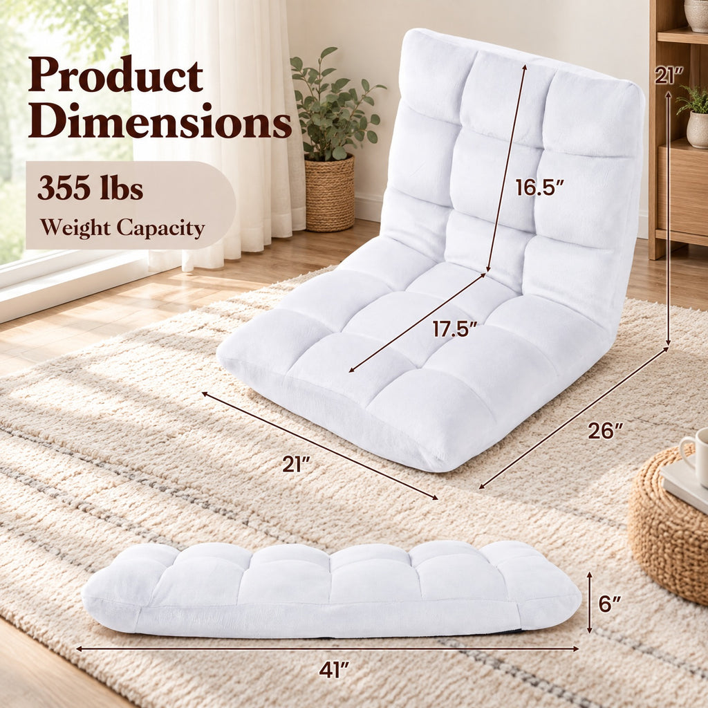 AIRFIND Floor Chair with 14-Position Adjustable Backrest, Padded Seat and Steel Frame, Lay-Flat Lounge Seat for Reading and Gaming, White