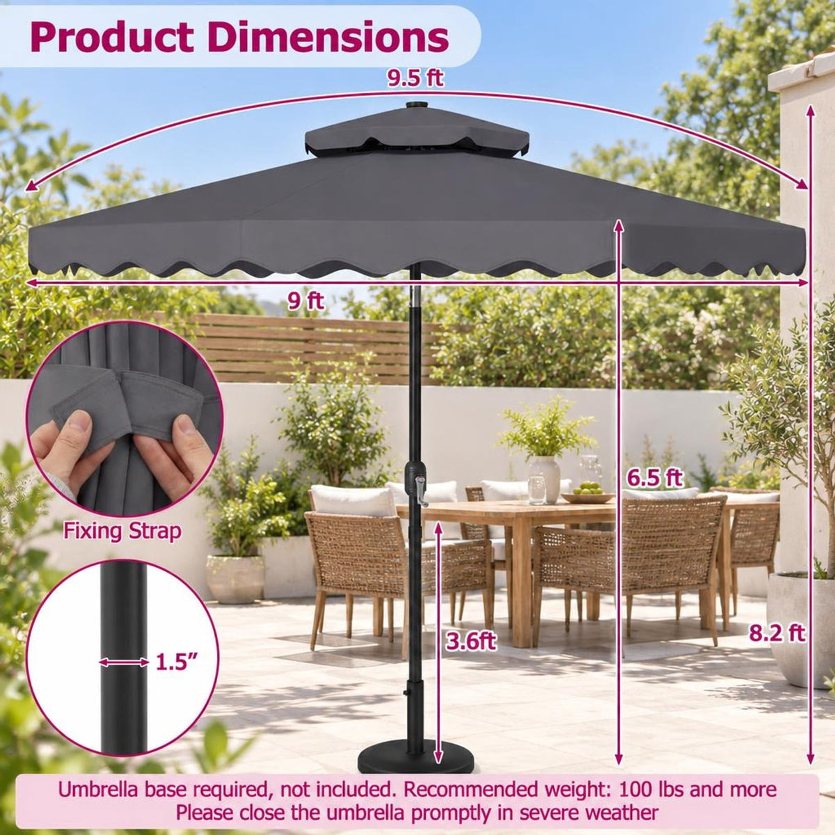 Airfind 9 FT Solar LED Patio Umbrella Push-Button Tilt and Crank 24 LED Lights and 8 Ribs, Polyester Fabric Metal Frame, 9 x 8.2 ft Footprint, Gray