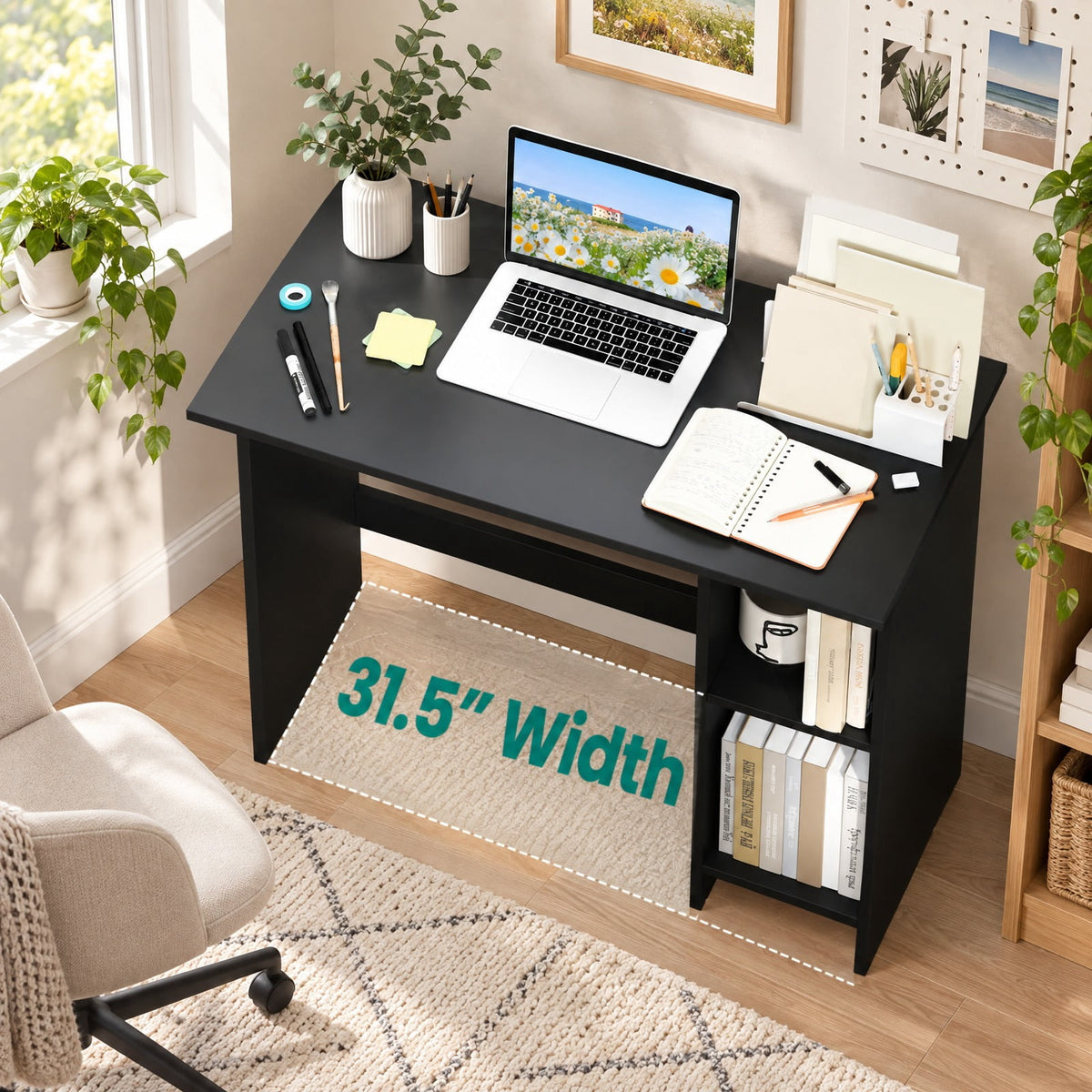 Airfind Small Computer Desk with Storage and Adjustable Shelf, Black, Reinforced crossbar ensures reliable structure