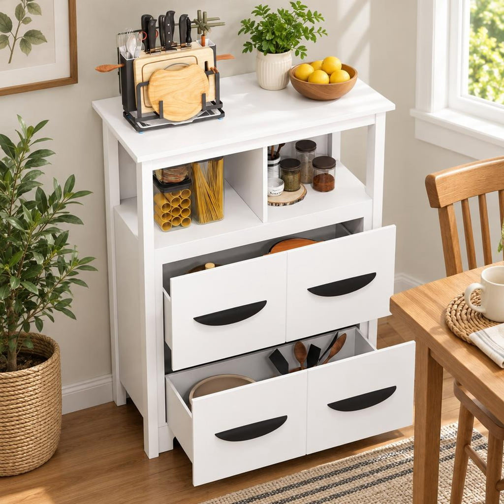 Airfind 24 Inch Floor Cabinet with 2 Open Compartments and 2 Drawers, MDF Engineered Wood Frame, 24in x 12in x 31.5in Footprint, White