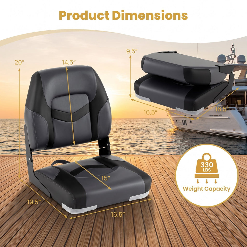 Airfind Folding Low Back Boat Seats 2 Pack with Fixing Bolts and Aluminum Hinges for Fishing and Cabin Seating Boats, Black and Gray