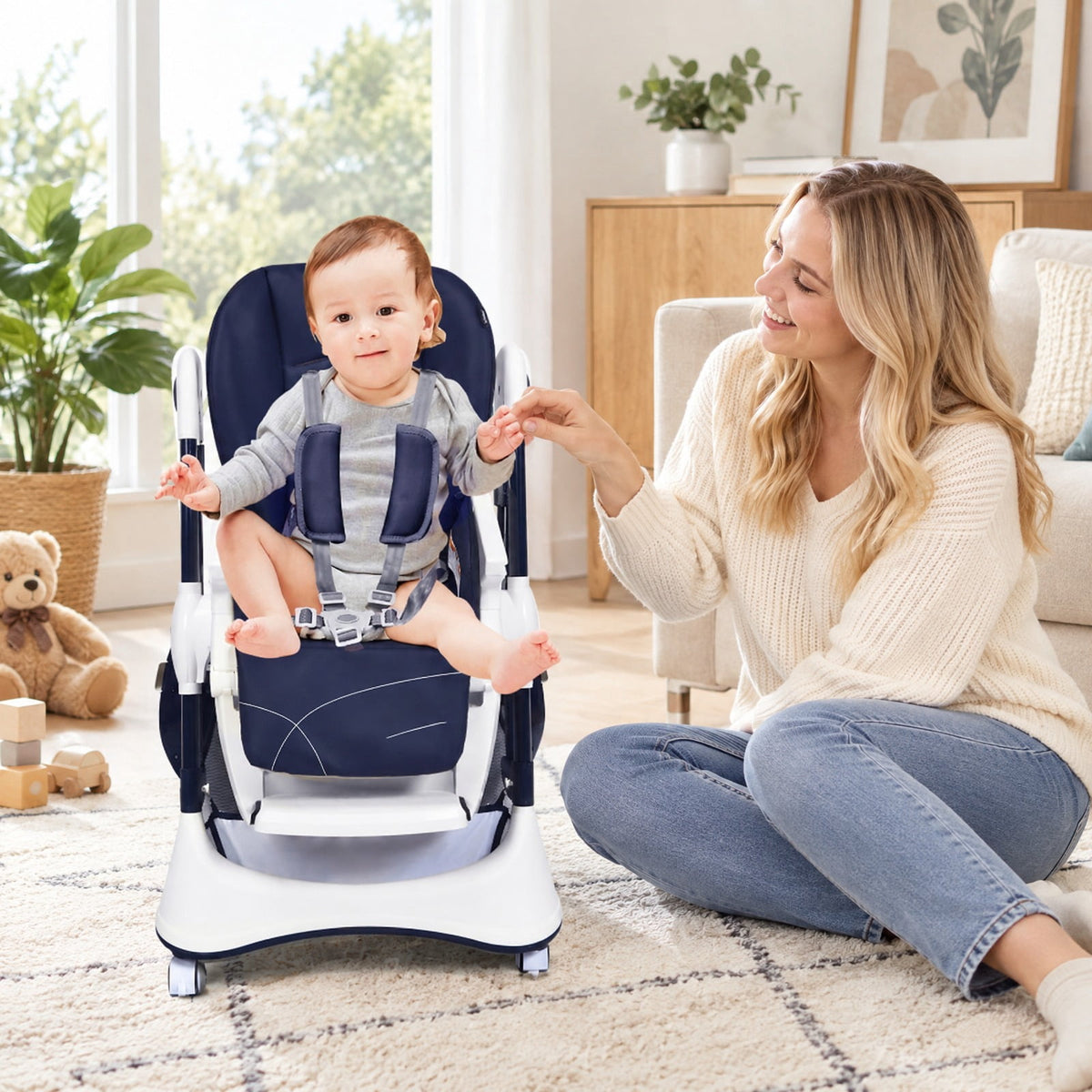 Airfind A-Shaped High Chair with 4 Lockable Wheels, 50 lbs Capacity, Iron Frame, for 0-36 months, 22 x 26 x 32 Footprint, Navy