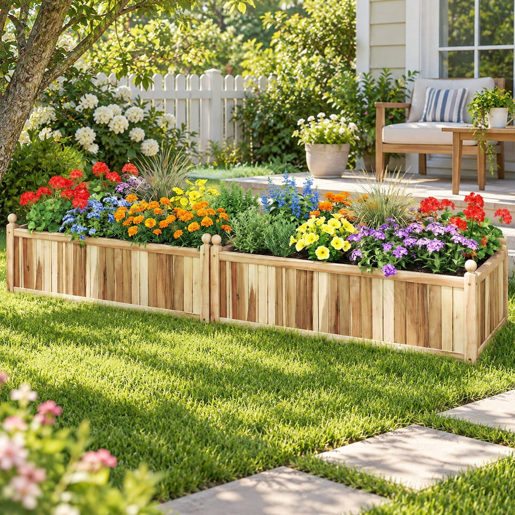 Airfind Wooden Raised Garden Bed Natural Acacia Wood Rectangular Planter Box with Liner, 110 lbs Capacity, Acacia Wood Frame, Natural