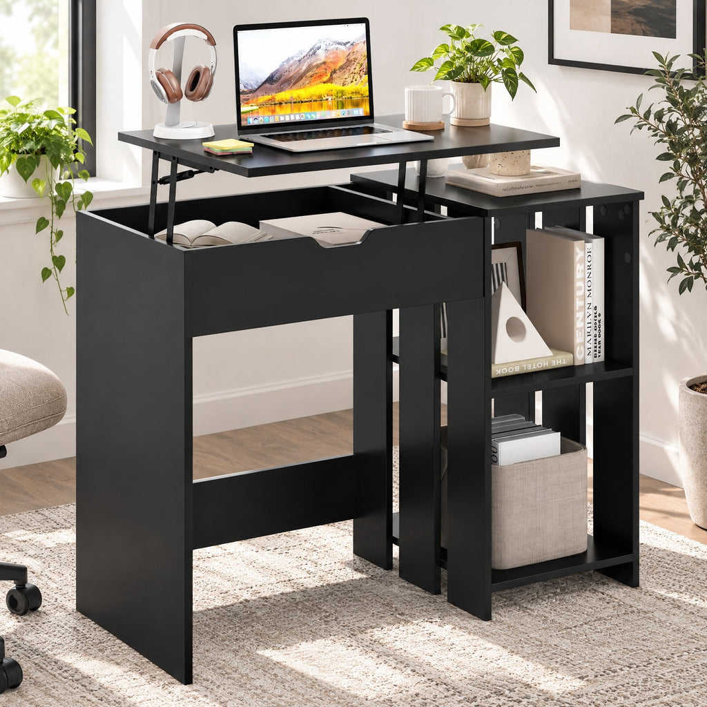 Airfind Space Saving Computer Desk with Hidden Compartment and Open Storage Shelves, 210 lbs Capacity, Engineered Wood Frame, Black