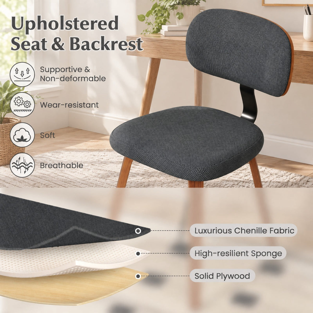 Airfind Chenille Fabric Upholstered Wooden Kitchen Chairs Set of 2, 330 lbs Capacity, Chenille Sponge Bentwood Metal Frame, Dark Gray