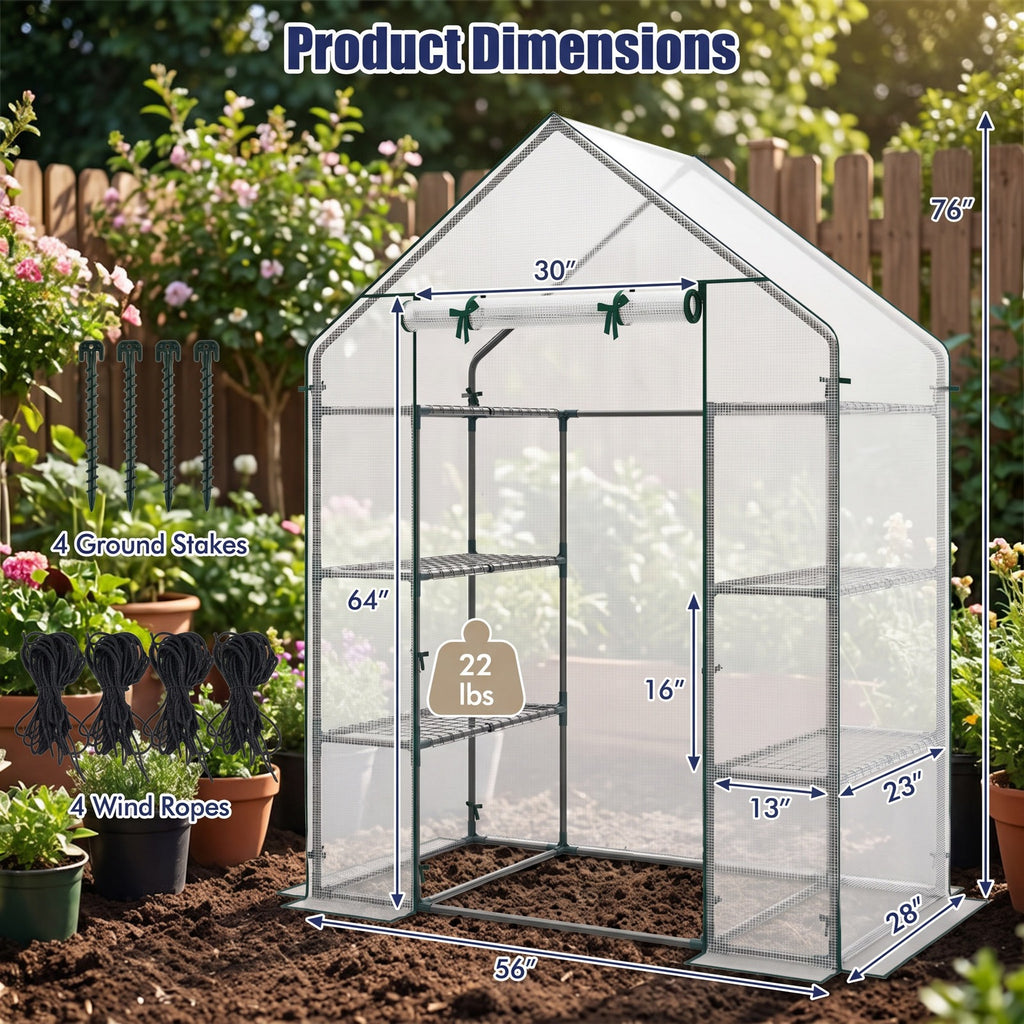 Airfind Portable Walk-in Greenhouse with 3 Tiers and 6 Shelves, PE Frame, 56 x 28 x 76 Footprint, White