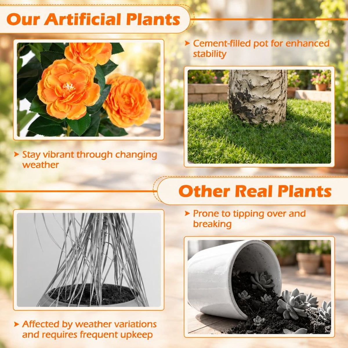 Airfind Set of 2 39.5 Artificial Camellia Tree with Orange Blossoms in Cement Pot for Decoration, Orange