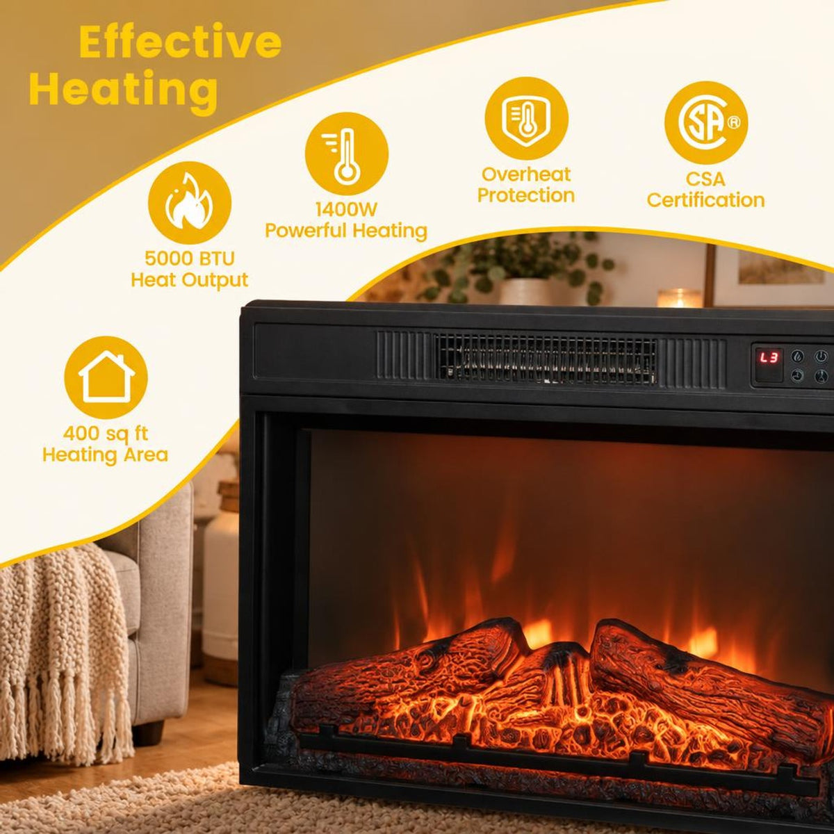 Airfind 18/23 Inch Electric Fireplace Inserted with Adjustable LED Flame-23 inches, Iron glass Frame