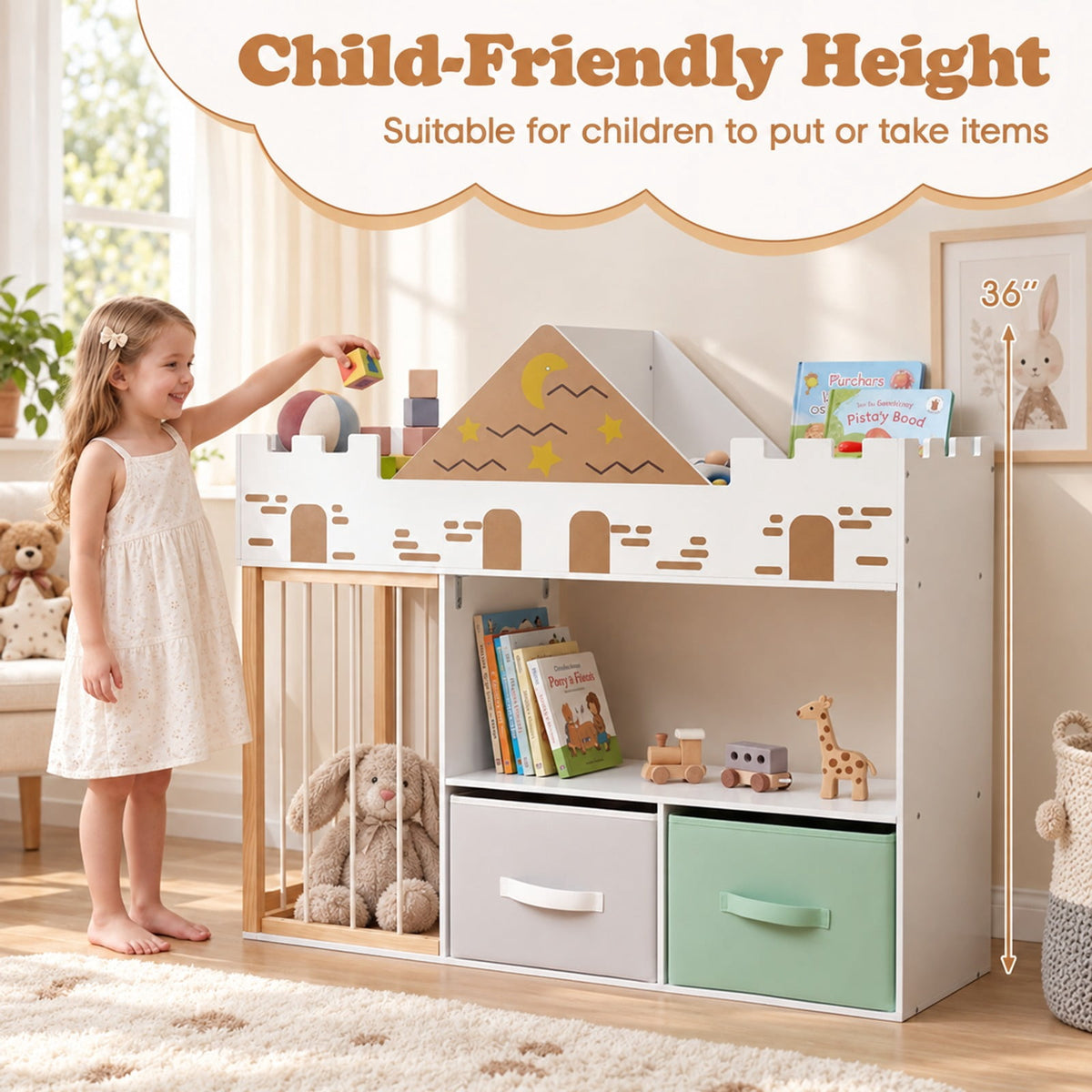 Airfind Toy Storage Organizer with Stuffed Animal Storage and Open Shelves, 35 lbs Capacity, Engineered Wood Pine Wood Cotton PP Frame, White