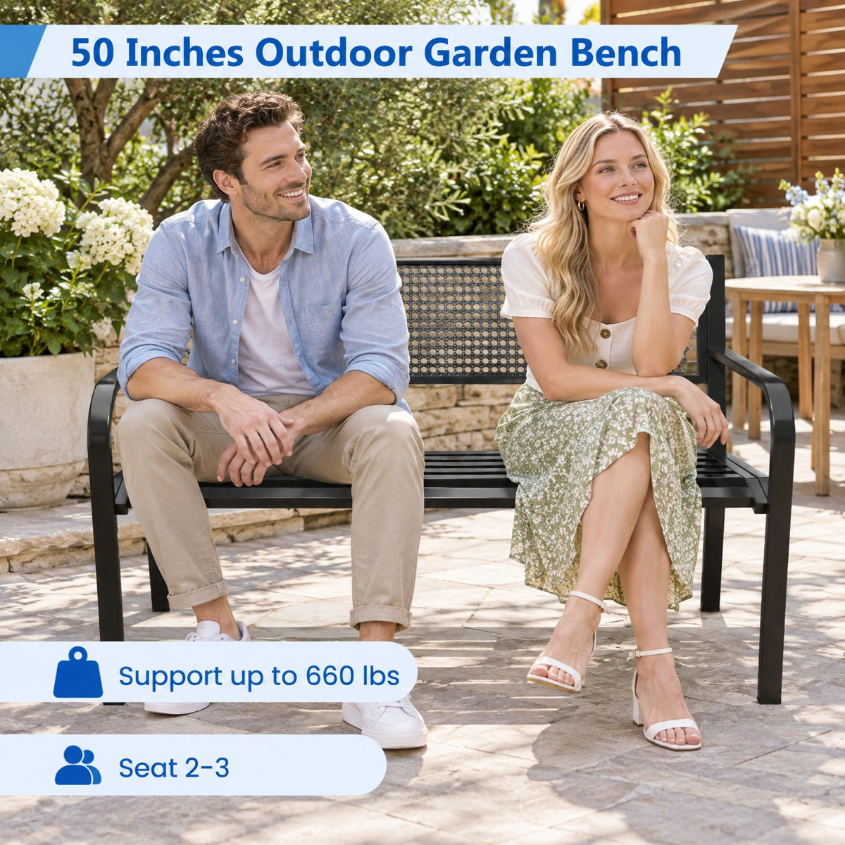 Airfind 50 Inches Garden Bench with Patterned Backrest and Curved Armrests, 660 lbs Capacity, Metal Frame, 50 × 23 × 32 Footprint, Black