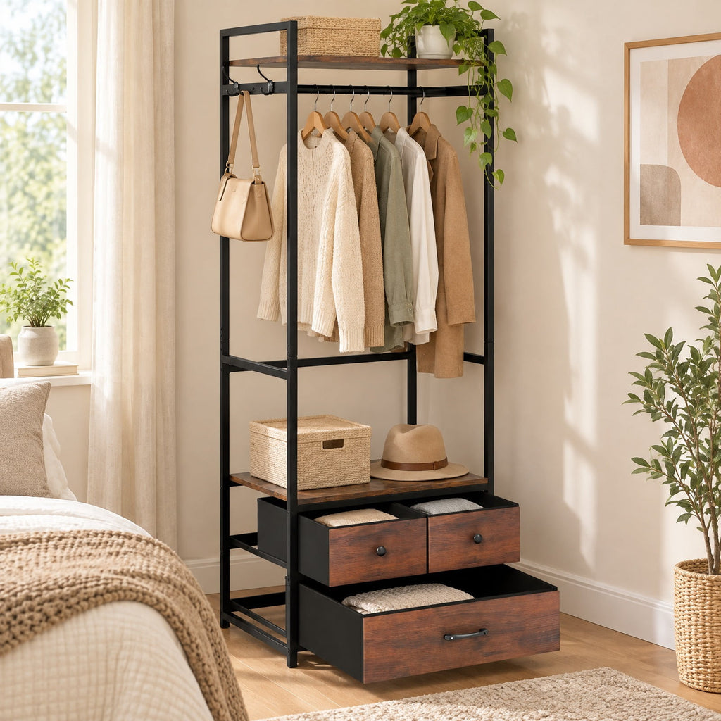Airfind Clothes Rack with Drawers and Shelves with Side Hooks and Metal Frame, 22 lbs Capacity, Metal Engineered Wood Fabric Frame, Brown