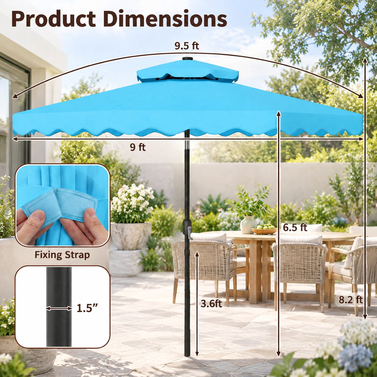 Airfind 9 FT Solar LED Patio Umbrella Push-Button Tilt and Crank 24 LED Lights and 8 Ribs, Polyester Fabric Metal Frame, 9 x 8.2 ft Footprint