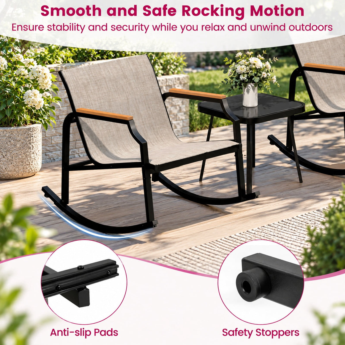 Airfind 3 Piece Patio Rocking Bistro Set with Tempered Glass Coffee Table and Armrests for Porch, Rocking Chair 330 lbs Capacity, Brown