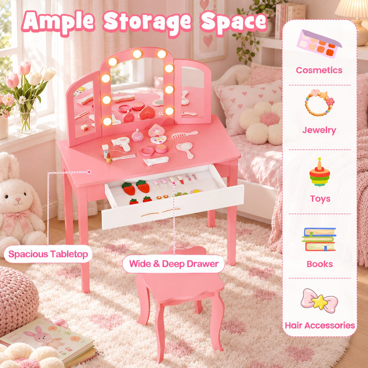 Airfind 2-in-1 Kids Vanity Table Set with Tri-Folding Detachable Mirror and Lights, 110 lbs Capacity, MDF Pine Wood Acrylic Frame, Footprint, Pink