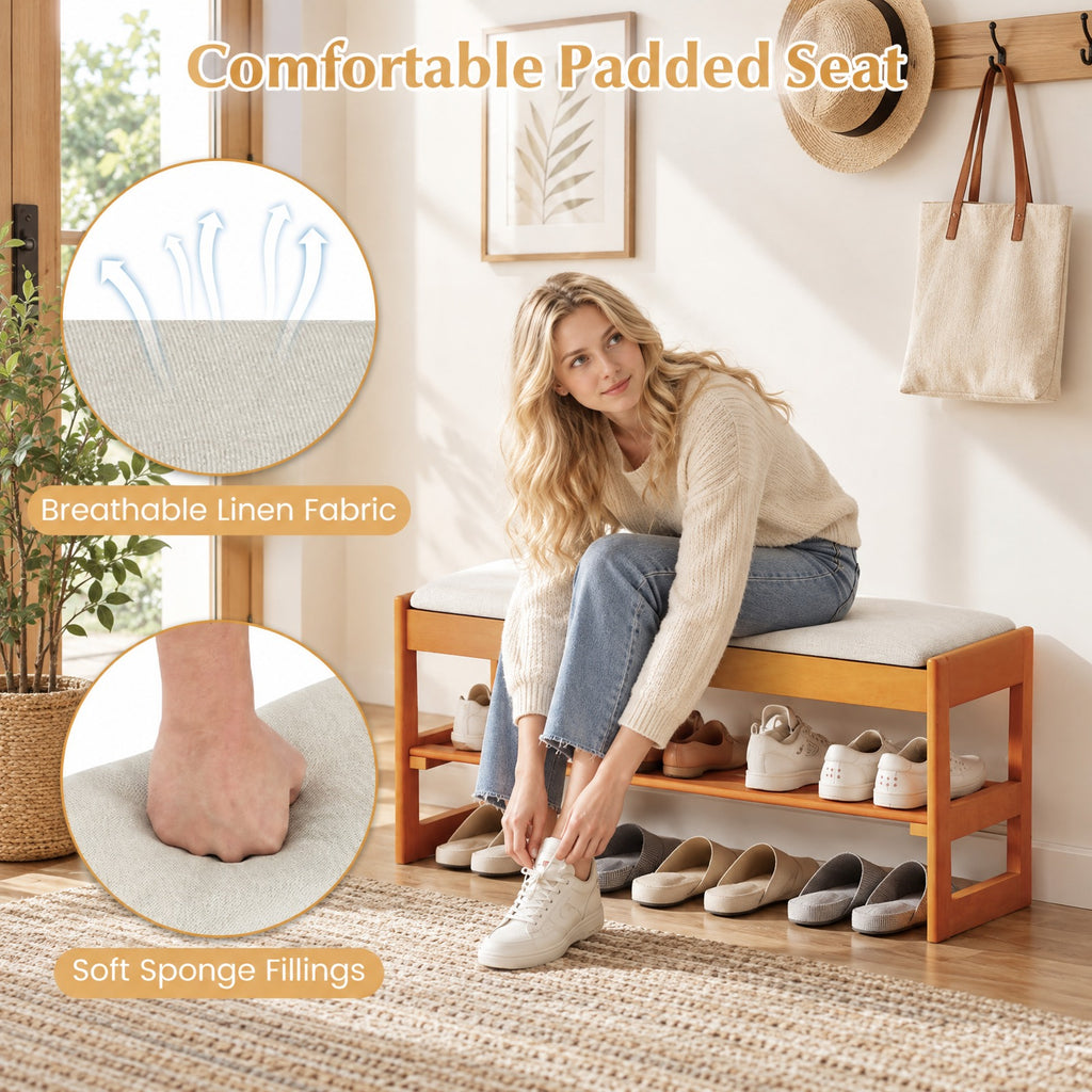 Airfind Shoe Rack Bench with Storage 2-Tier Rubberwood Entryway Bench with Flip-Open Storage, 400 lbs Capacity, 40in x 13.5in x 17in Footprint, Beige