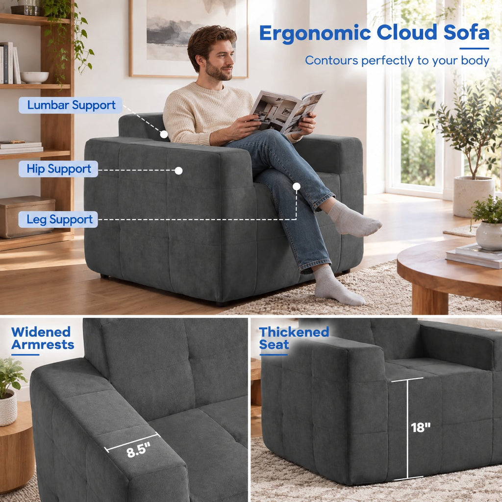 Airfind Boneless Single Sofa Chair Cloud Sofa with Terry Cloth Upholstery, 352 lbs Capacity, Terry Cloth Sponge Frame, Gray