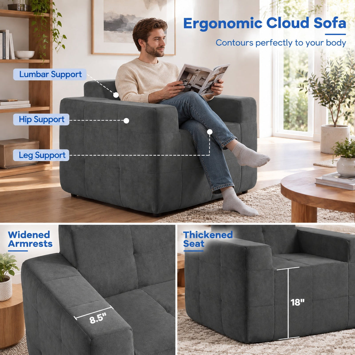 Airfind Boneless Single Sofa Chair Cloud Sofa with Terry Cloth Upholstery, 352 lbs Capacity, Terry Cloth Sponge Frame, Gray