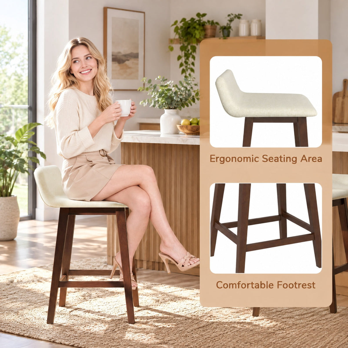 Airfind 24 Inch Counter Height Bar Stools Set of 2 with Low Back, 330 Lbs Capacity, Rubber Wood Faux Linen Sponge Plywood, Brown