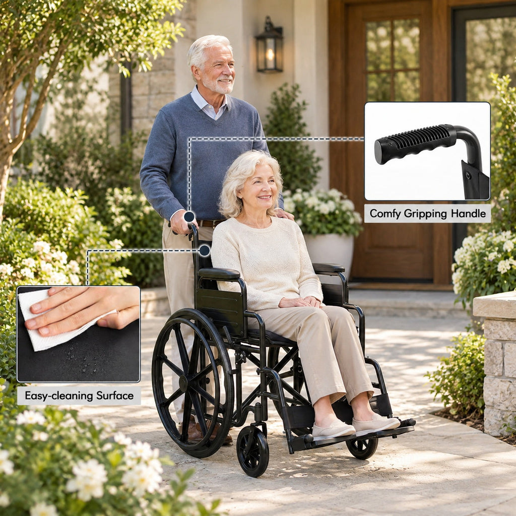 Airfind Lightweight Folding Wheelchair for Adults with Swing-Away Footrest and Desk Arm, 330 lbs Capacity, Metal Faux Leather Nylon Plastic Frame