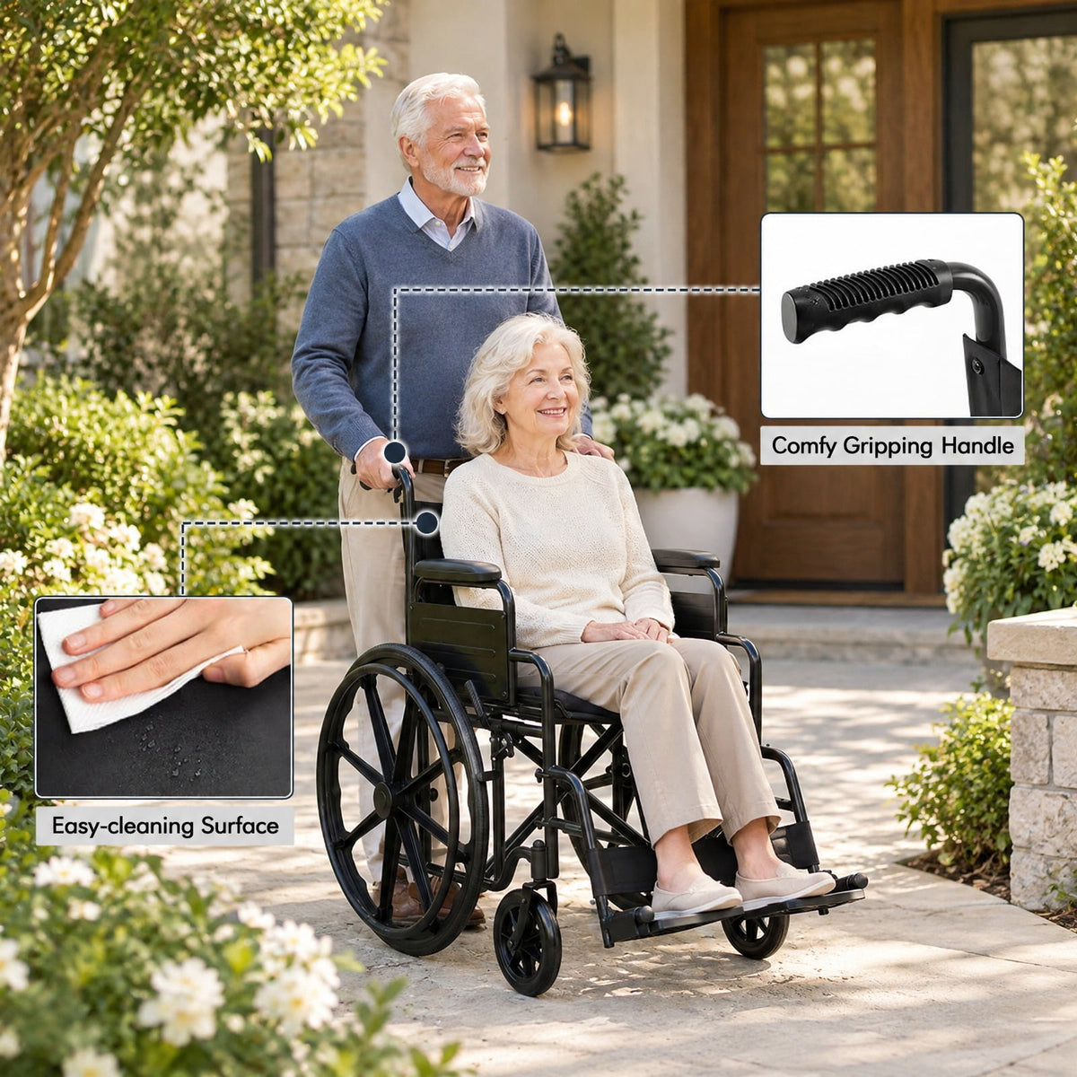 Airfind Lightweight Folding Wheelchair for Adults with Swing-Away Footrest and Desk Arm, 330 lbs Capacity, Metal Faux Leather Nylon Plastic Frame