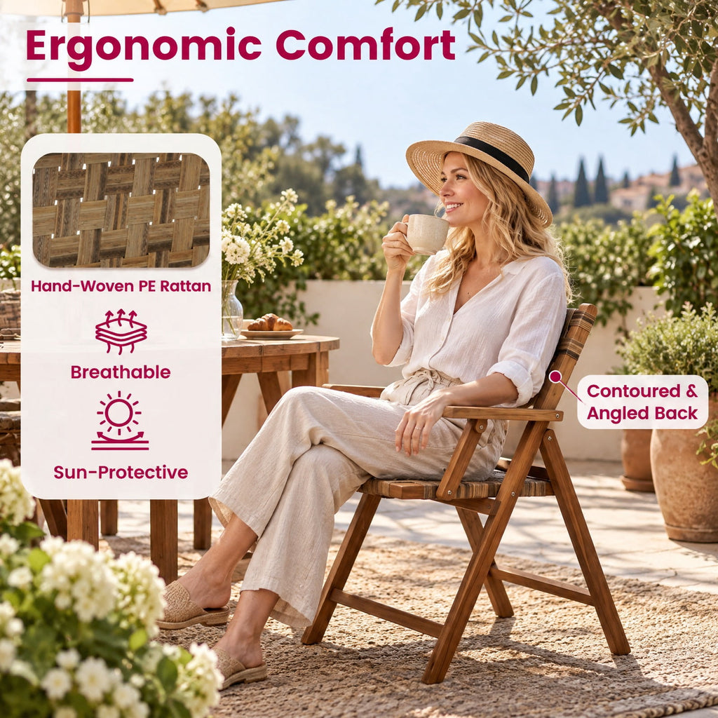 Airfind Teak Folding Chairs Set of 2 with Hand, Chair 400 lbs Capacity, Teak Wood PE Rattan Frame, 24 x 20 x 32 Footprint, of Rattan Mix Brown