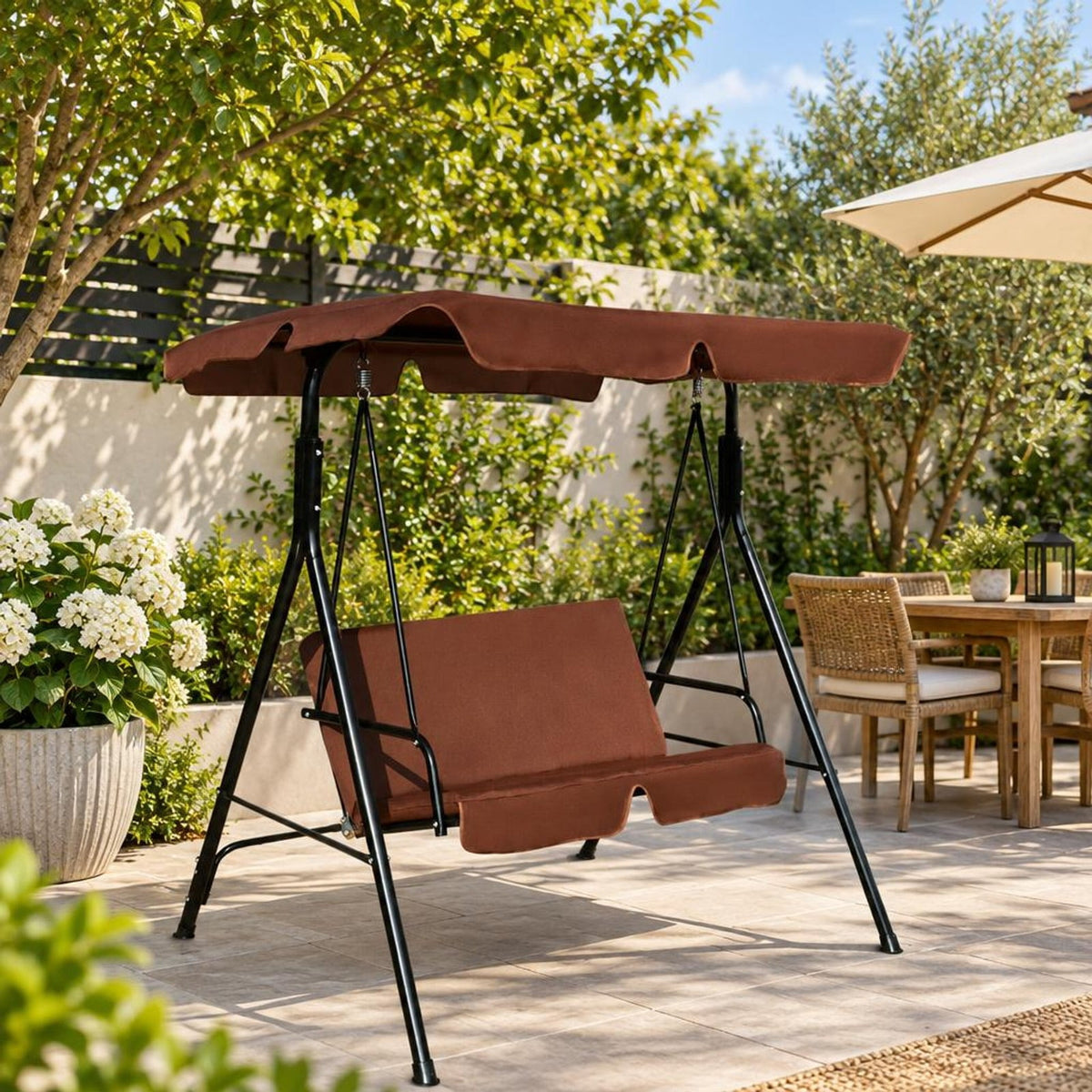 Airfind Loveseat Cushioned Patio Steel Frame Swing Glider, 330 lbs Capacity, Steel pipe Frame, 55.0 Inch x 43.5 Inch x 60.5 Inch Footprint, Brown