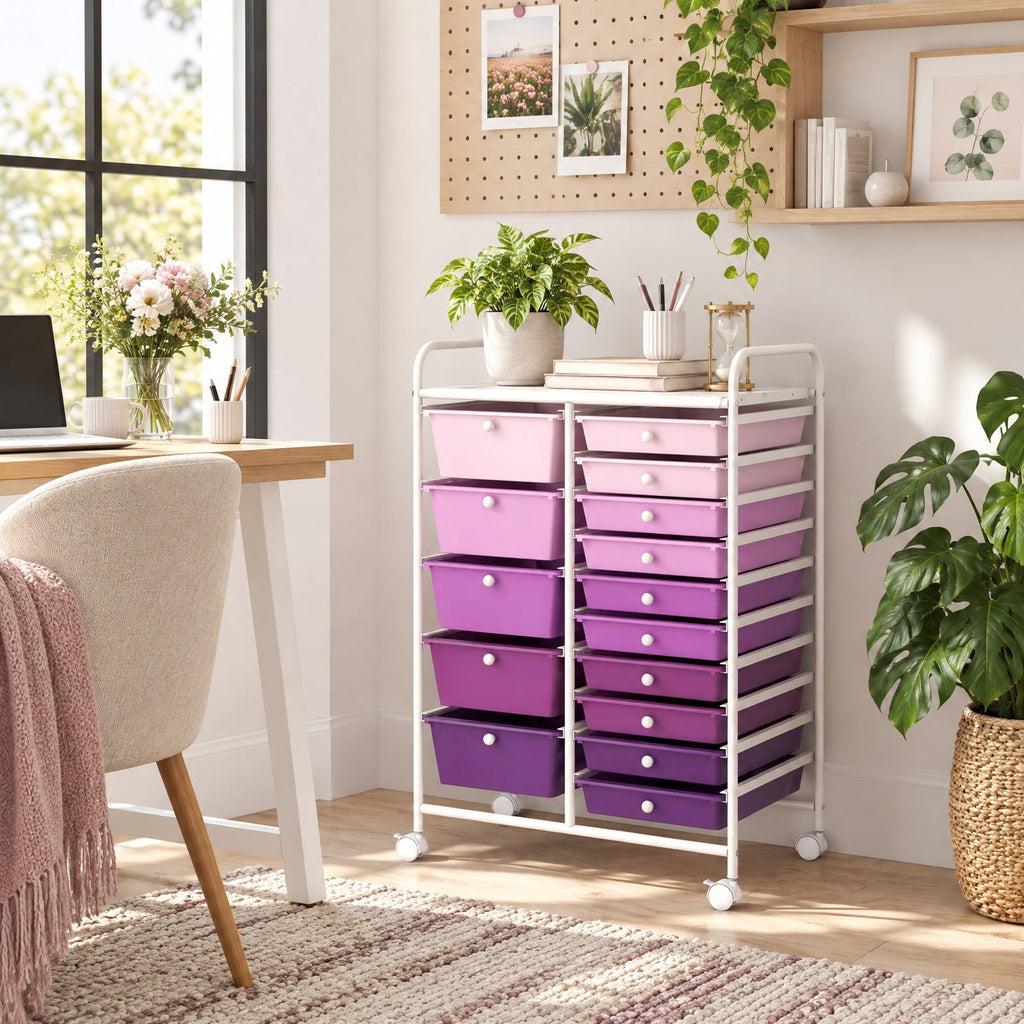Airfind 15-Drawer Utility Rolling Organizer Cart Multi-Use Storage, Steel frame and plastic boxes Frame, 25 x 14.5 x 34.5 Footprint, Purple