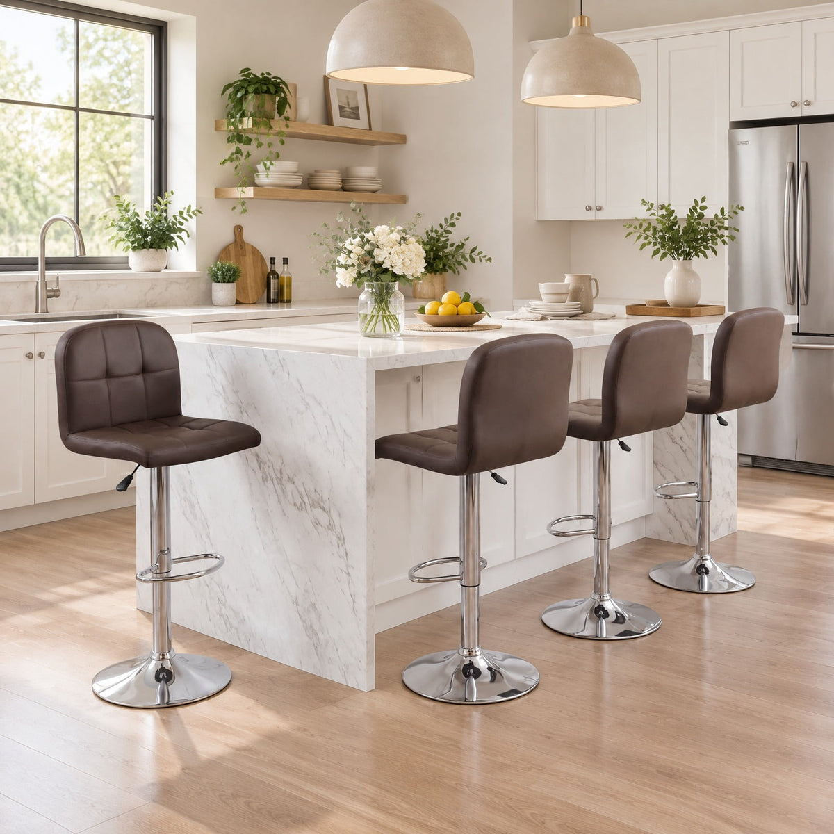 Airfind Swivel Bar Stools Set of 2 with Footrests and Metal Base, 250 lbs Capacity, Faux Leather Sponge Metal Plywood Frame, Brown