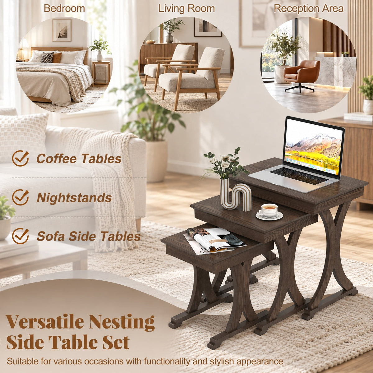 Airfind 3 Pieces Nesting Coffee Table Side Table with Solid Rubber Wood Legs, 71 lbs Capacity, Rubber Wood MDF Frame, 23 x 15 x 22 Footprint