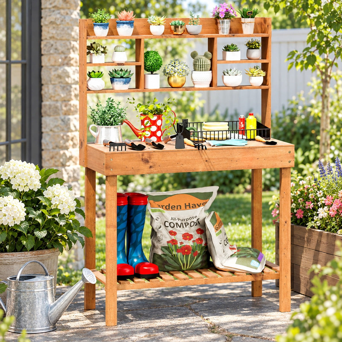 Airfind Wooden Potting Bench Table Garden Planting Workstation with 3-Tier Open Shelf, 22 lbs Capacity, Fir Wood Frame, Brown