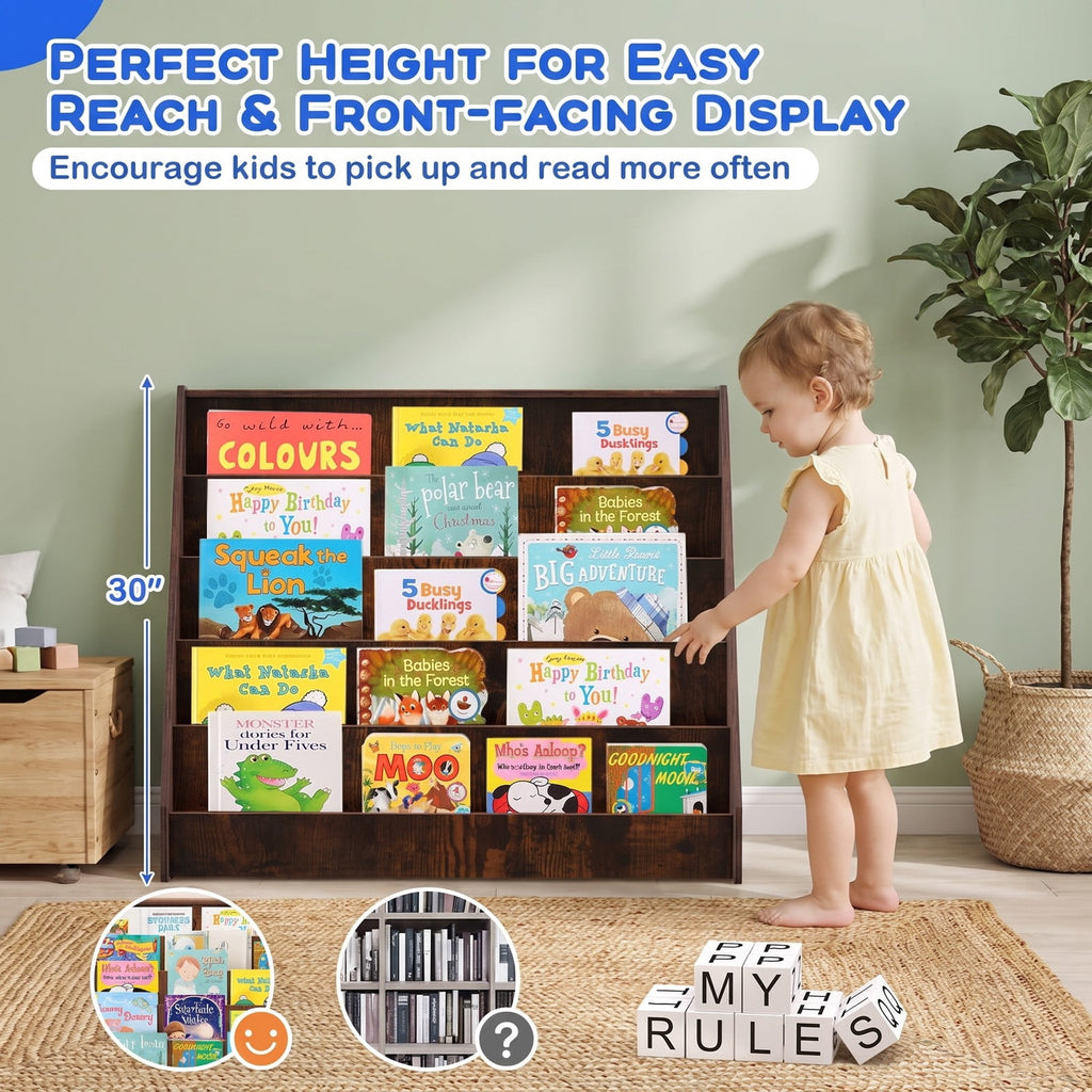 Airfind 5-Tier Kids Bookshelf with Deep Compartments and Stable Baby Book Case, Engineered Wood Frame, for 3+, 36 x 15 x 30 Footprint, Brown
