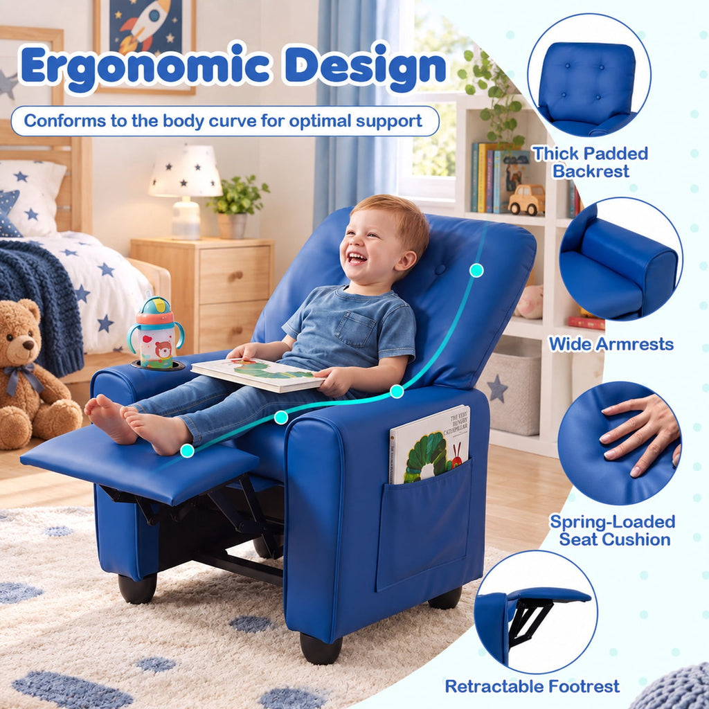 Airfind Youth Recliner Chair with Cup Holder, Side Pocket and Push-back Footrest, PU Upholstery, 24 x 21 x 30 in for Everyday Use, Blue