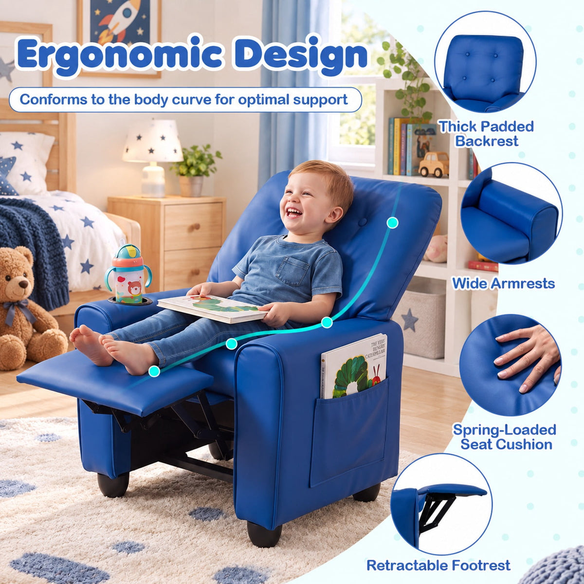 Airfind Youth Recliner Chair with Cup Holder, Side Pocket and Push-back Footrest, PU Upholstery, 24 x 21 x 30 in for Everyday Use, Blue