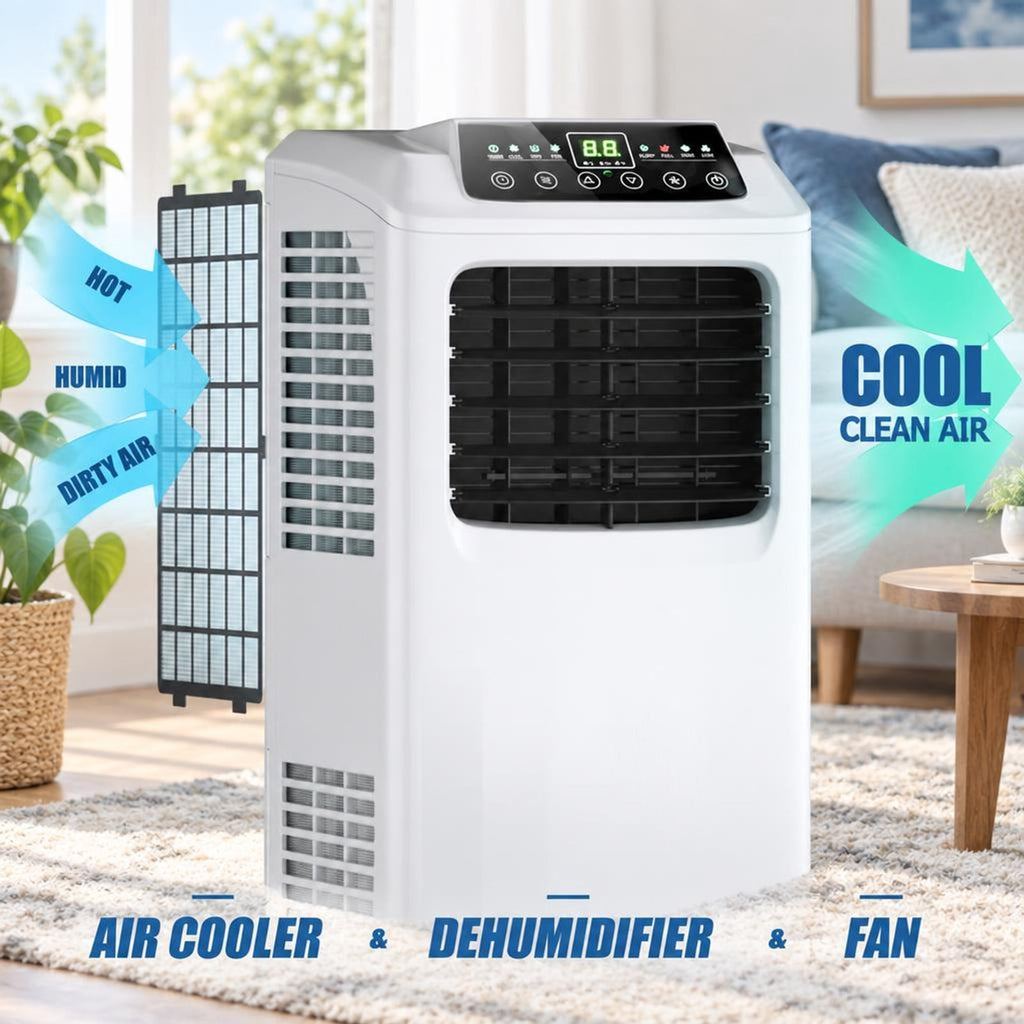 Airfind 9000 BTU Portable Air Conditioner with Built, 12 Inch x 13 Inch x 30 Inch (W x D x H) Product weight: 54.5 lbs Footprint, Black + white Cooling